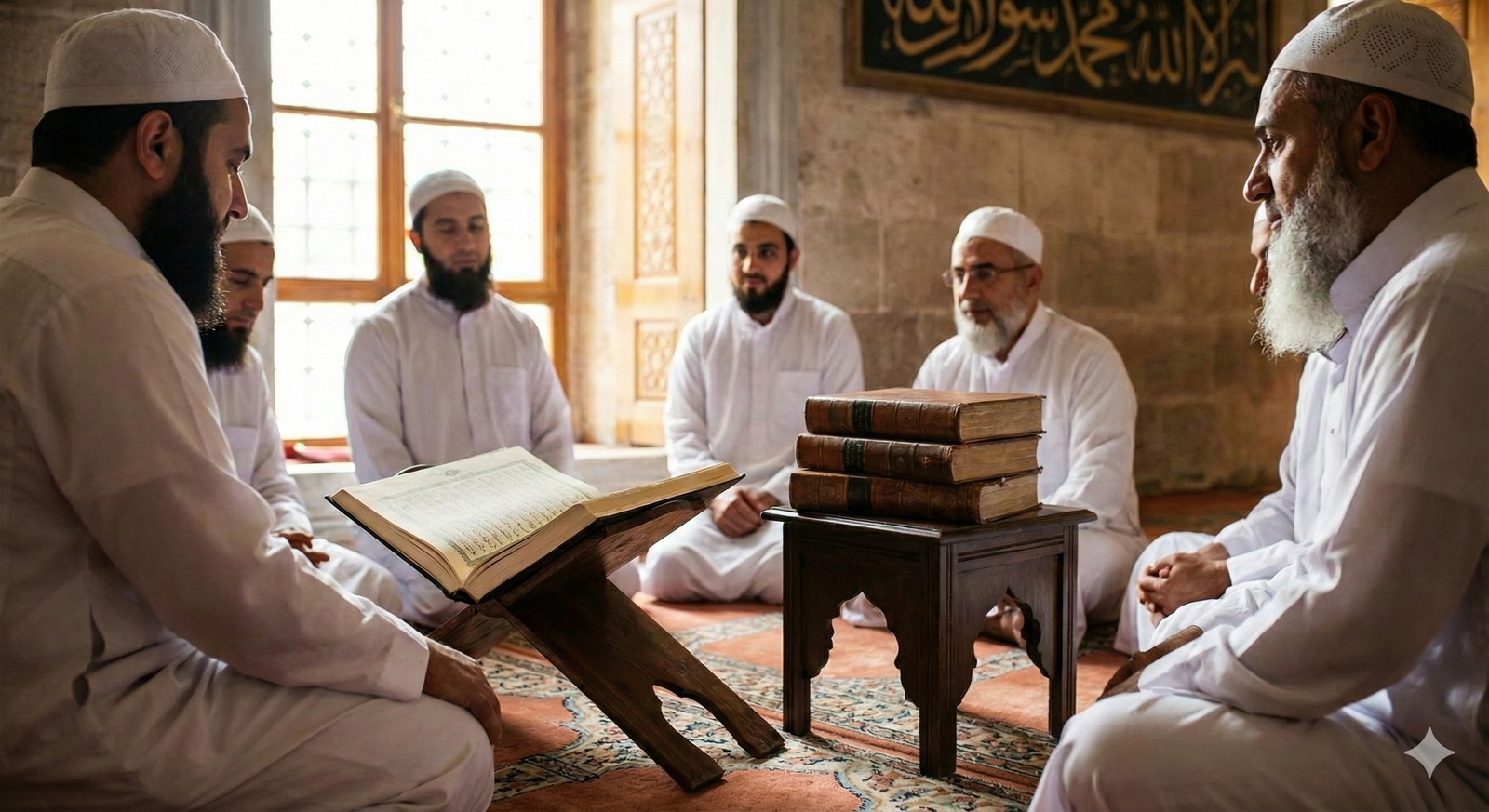 Ilustrasi suasana majelis taklim Ahlussunnah wal Jama'ah (Aswaja) di masjid yang khidmat. Terlihat Al-Quran terbuka di atas rehal dan tumpukan kitab rujukan diletakkan di atas meja kecil, mencerminkan adab memuliakan ilmu.