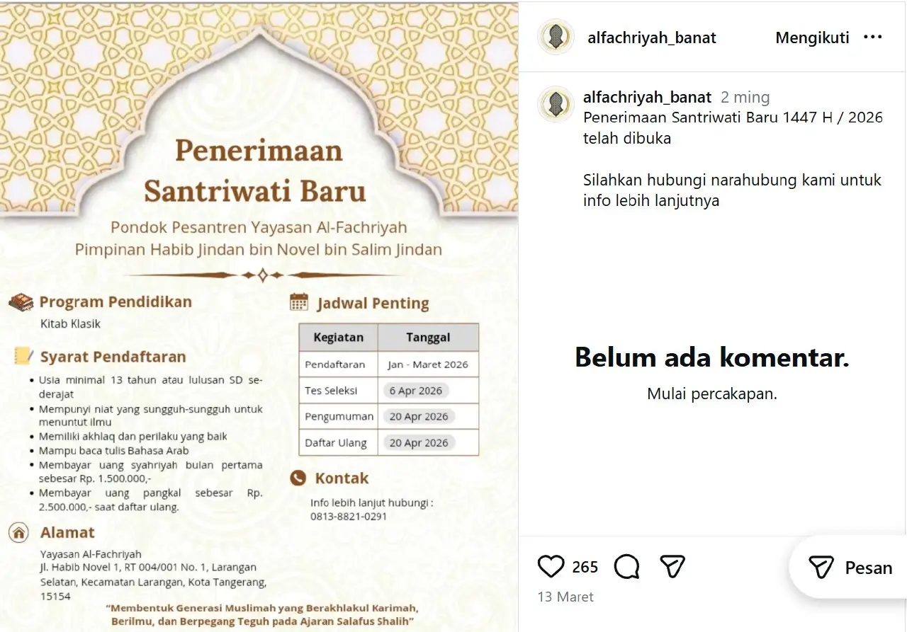 foto berita 1774649921 Pendaftaran Pondok Pesantren Putri Al-Fachriyah Habib Jindan 2026: Jadwal, Syarat, dan Biaya