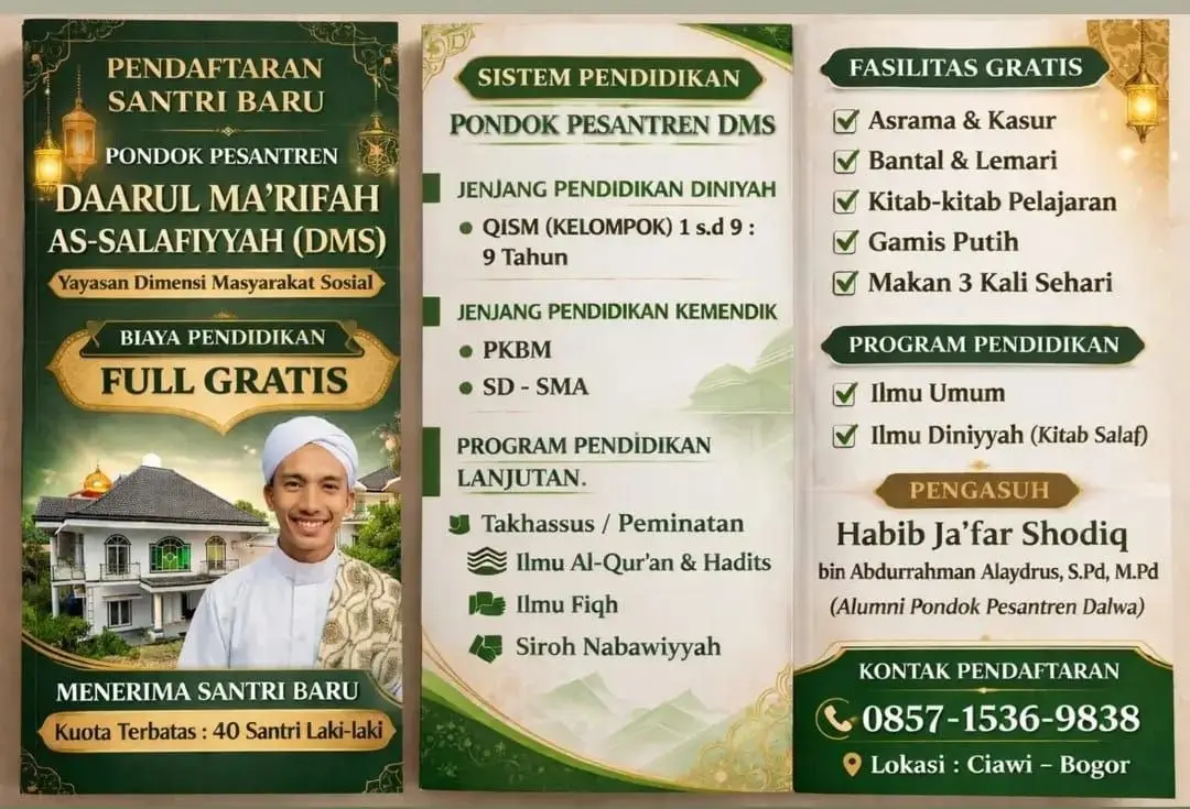 Kabar Gembira: Pondok Pesantren Gratis di Bogor, Daarul Ma’rifah As-Salafiyyah Buka Pendaftaran