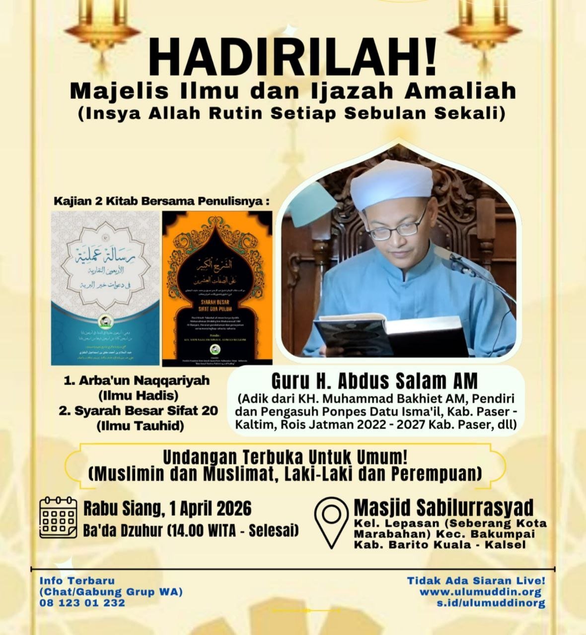 Jadwal Majelis Ilmu & Ijazah Amaliah Guru H. Abdus Salam AM di Barito Kuala, April 2026