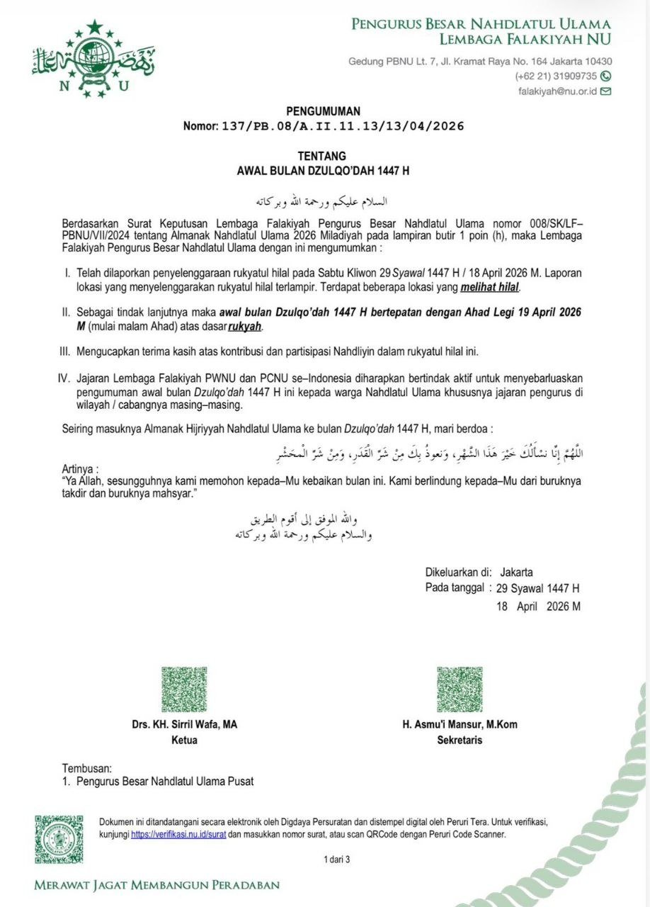 Resmi: LF PBNU Tetapkan Awal Dzulqo’dah 1447 H Jatuh pada 19 April 2026