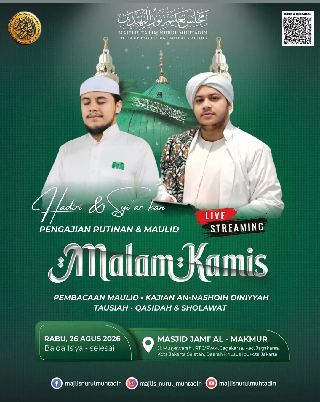 Cari Jadwal Pengajian 8 Pengajian Rutinan & Maulid Malam Kamis, Habib Baghir bin Fauzi Al Mahdaly – Jagakarsa – Jakarta Selatan