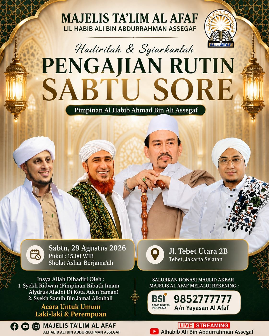 Cari Jadwal Pengajian 19 Pengajian Rutin Sabtu Sore Majelis Talim Al Afaf, Syekh Ridwan (Pimpinan Ribath Imam – Jakarta Selatan