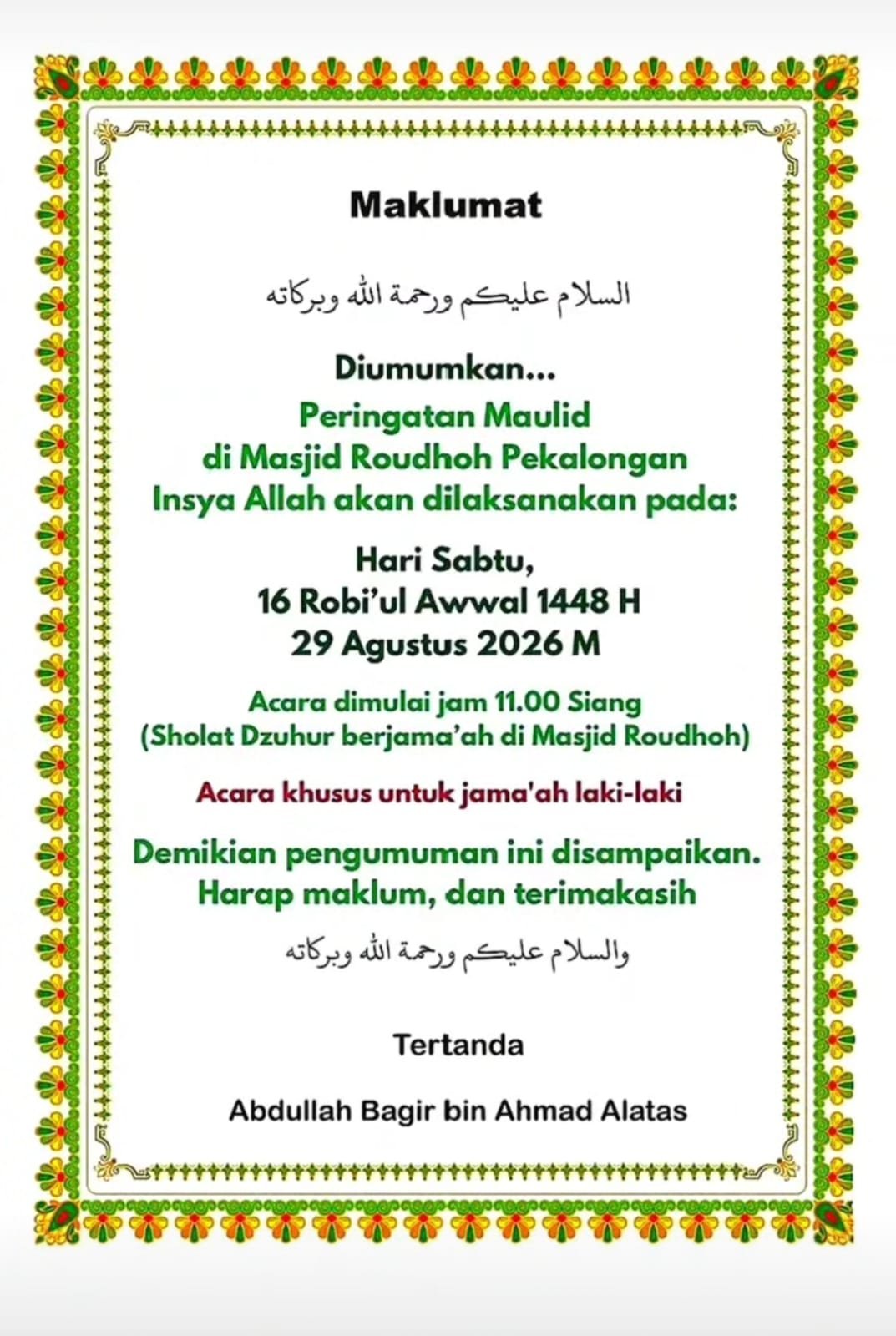 Peringatan Maulid – Abdullah Bagir bin Ahmad Alatas (29-08-2026)