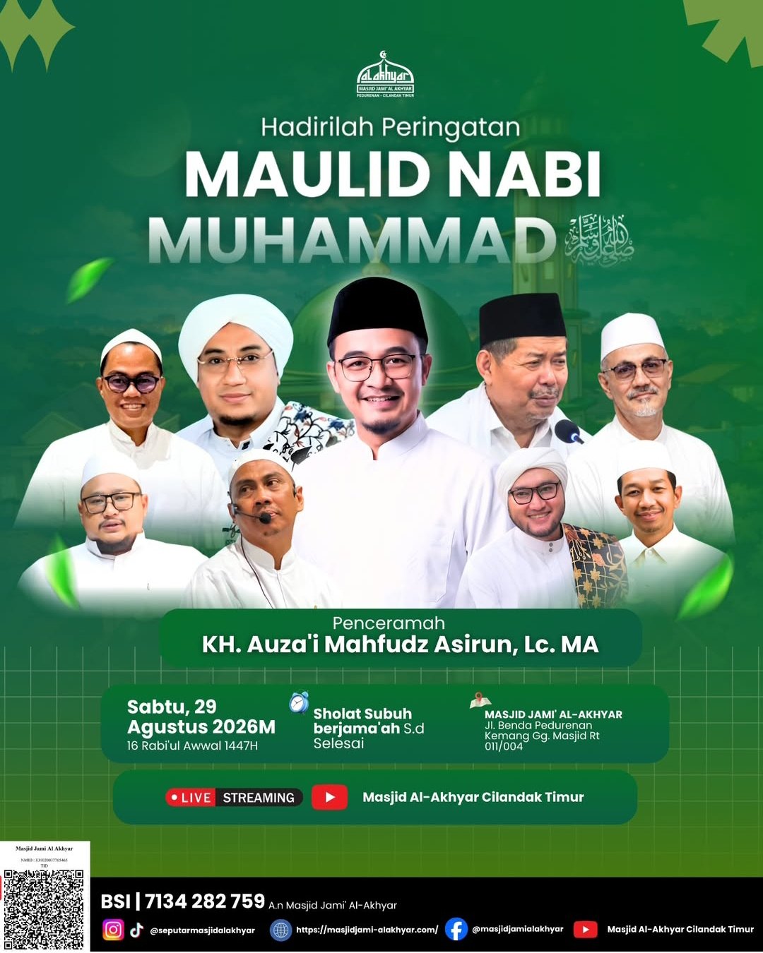Maulid Nabi SAW, KH. Auzai Mahfudz Asirun dkk. – Jl. Benda Pedurenan Kemang Gg. Masjid…