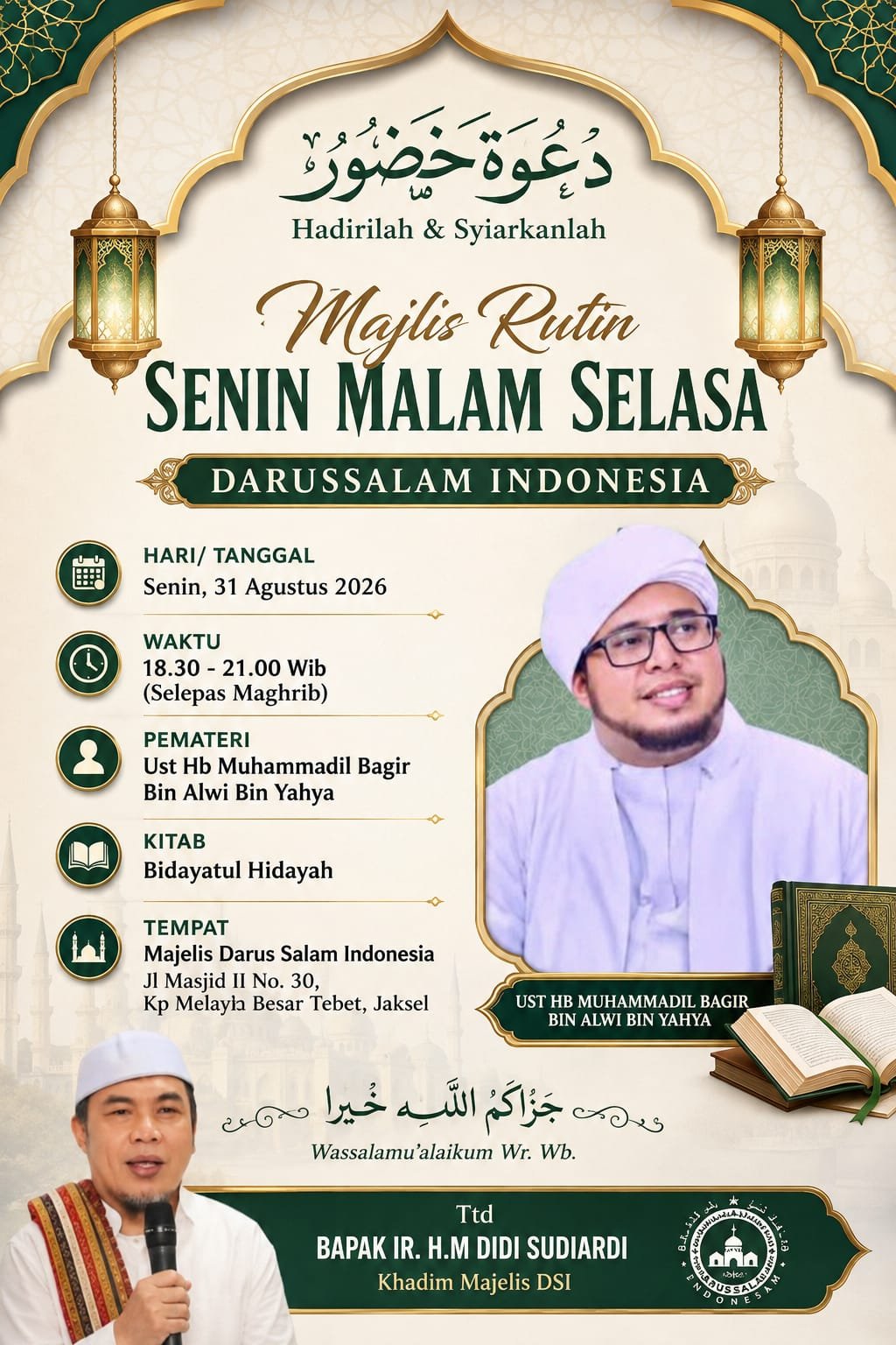 Cari Jadwal Pengajian 15 Majelis Rutin Senin Malam Selasa Darussalam Indonesia, Ust Hb Muhammadil Bagir