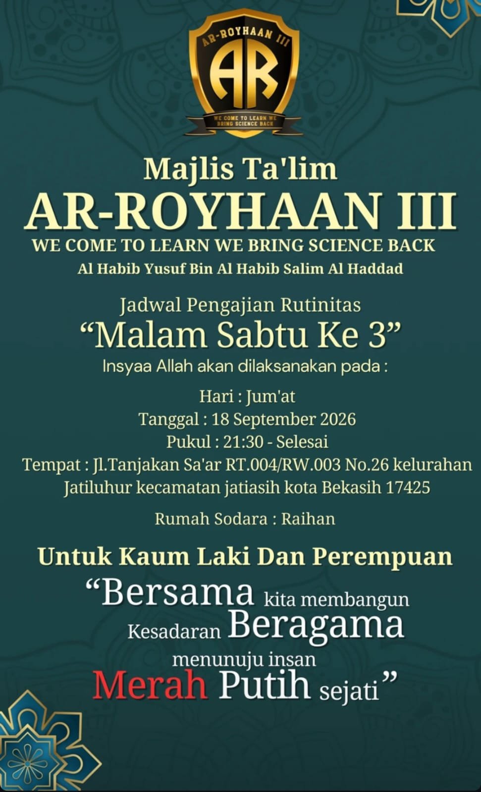 Jadwal Pengajian Rutinitas Malam Sabtu Ke 3, Al Habib Yusuf Bin Al Habib Salim Al…