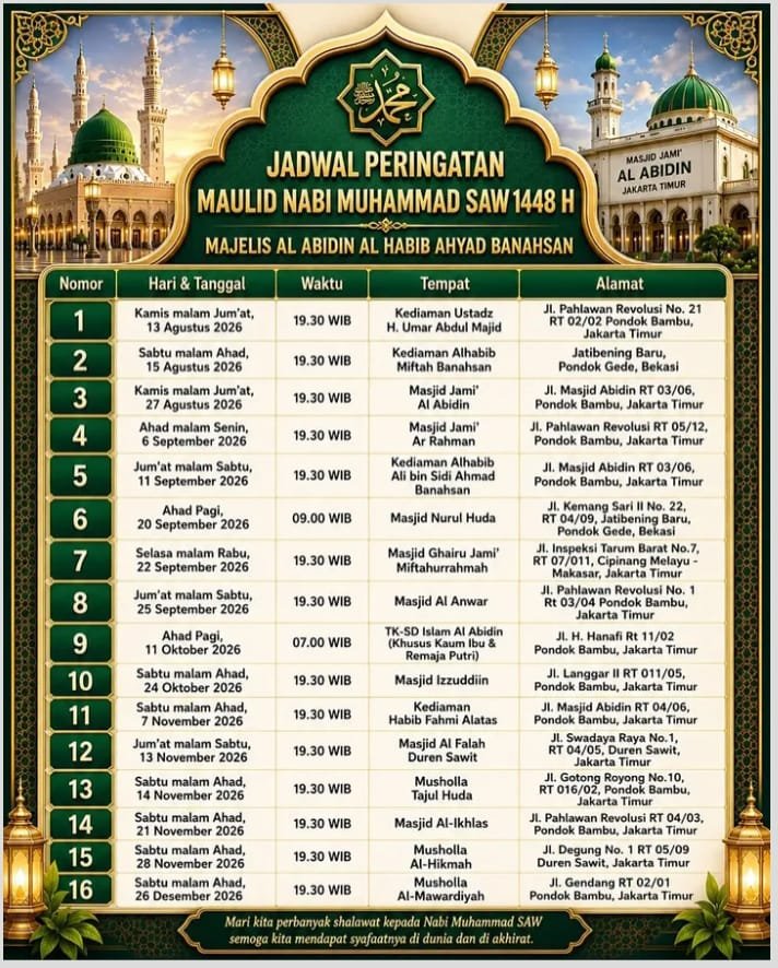 Jadwal Maulid Nabi SAW 1448 H – Majelis Al Abidin Al Habib Ahyad Banahsan – Jakarta Timur (25-09-2026)