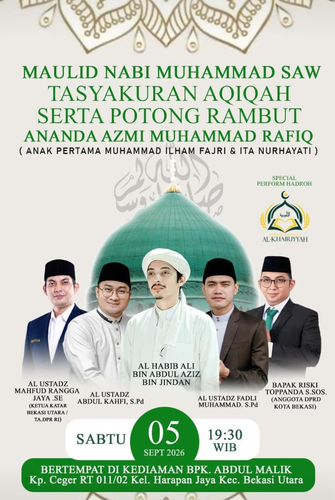 Maulid Nabi SAW, Tasyakuran Aqiqah, serta Potong Rambut Ananda Azmi Muhammad Rafiq, Al…
