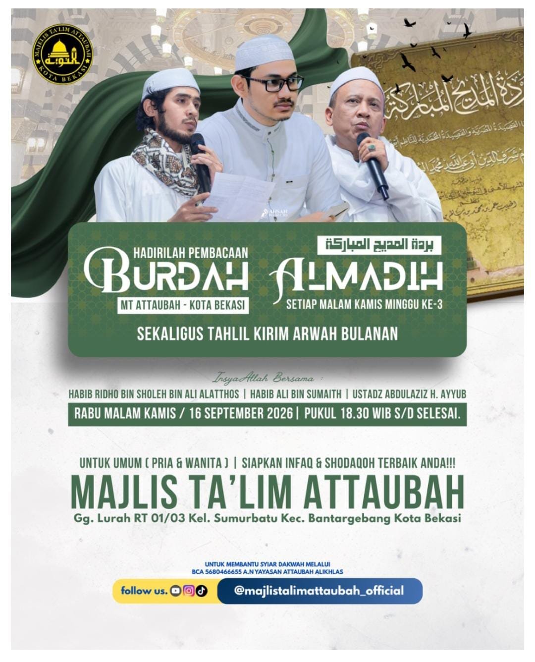 Pembacaan Burdah Al-Madih Sekaligus Tahlil Kirim Arwah Bulanan, Habib Ridho bin Sholeh…