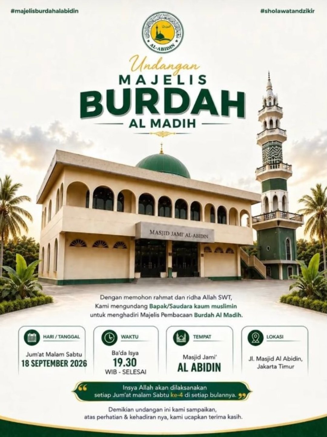 Majelis Pembacaan Burdah Al Madih – Abidin – Jl. Masjid Al Abidin, Jakarta Timur…