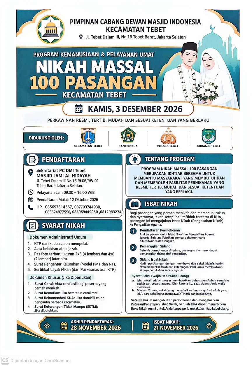 Nikah Massal 100 Pasangan Kecamatan Tebet – Pimpinan Cabang Dewan Masjid Indonesia Kecamatan Tebet