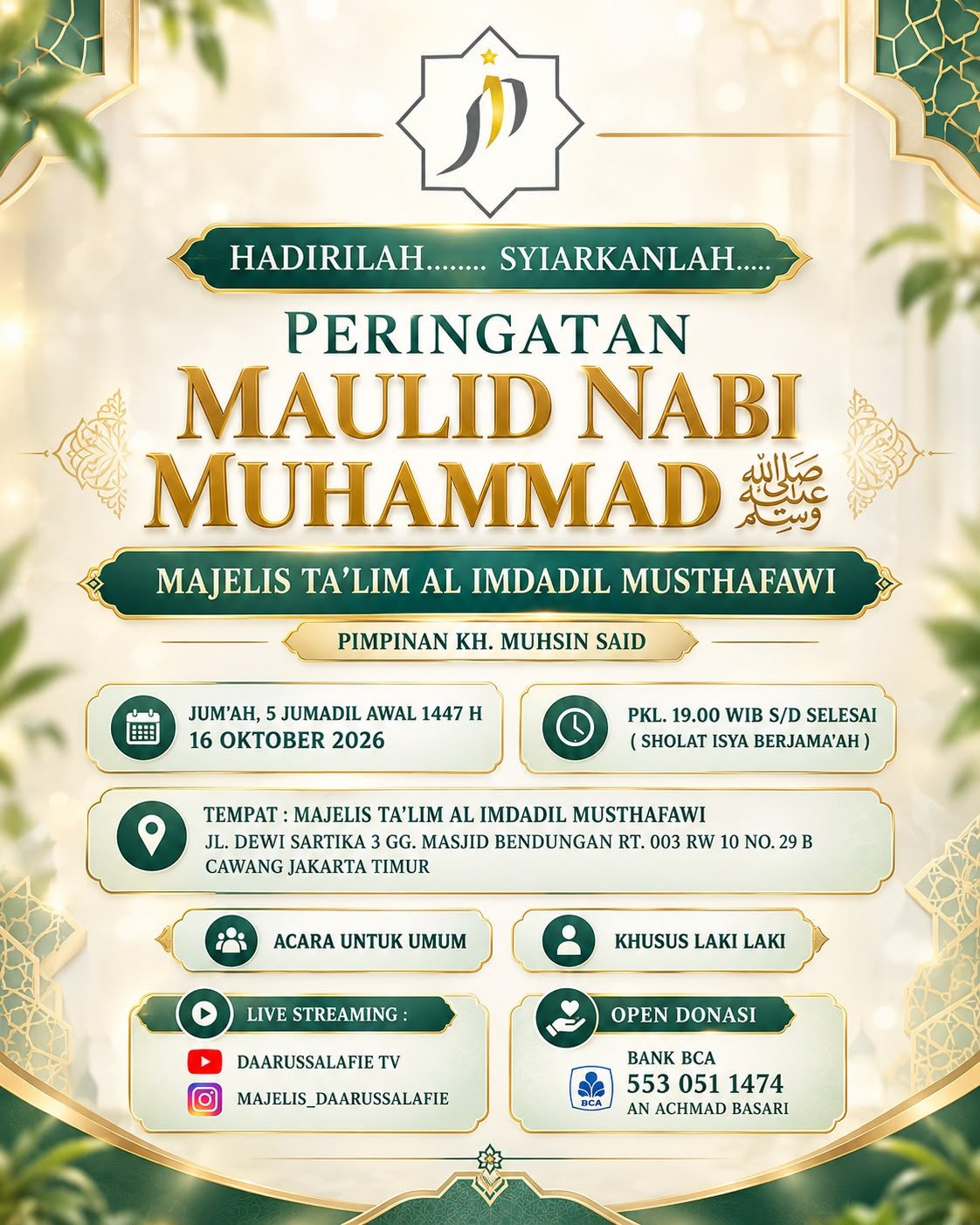 Maulid Nabi SAW, KH. Muhsin Said – Cawang, Jakarta Timur (16-10-2026)