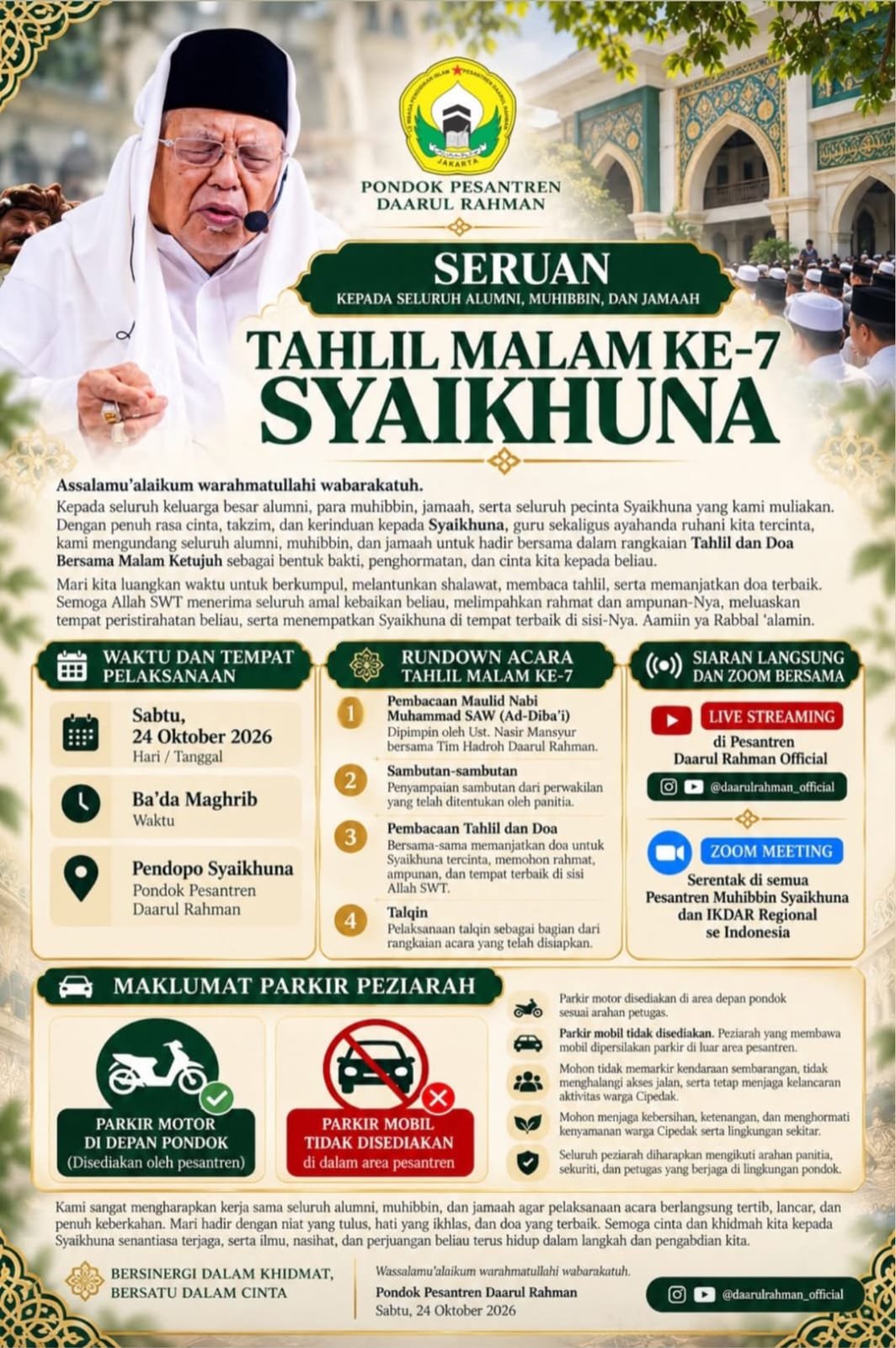 Tahlil Malam Ke-7 Syaikhuna – Pondok Pesantren Daarul Rahman (24-10-2026)
