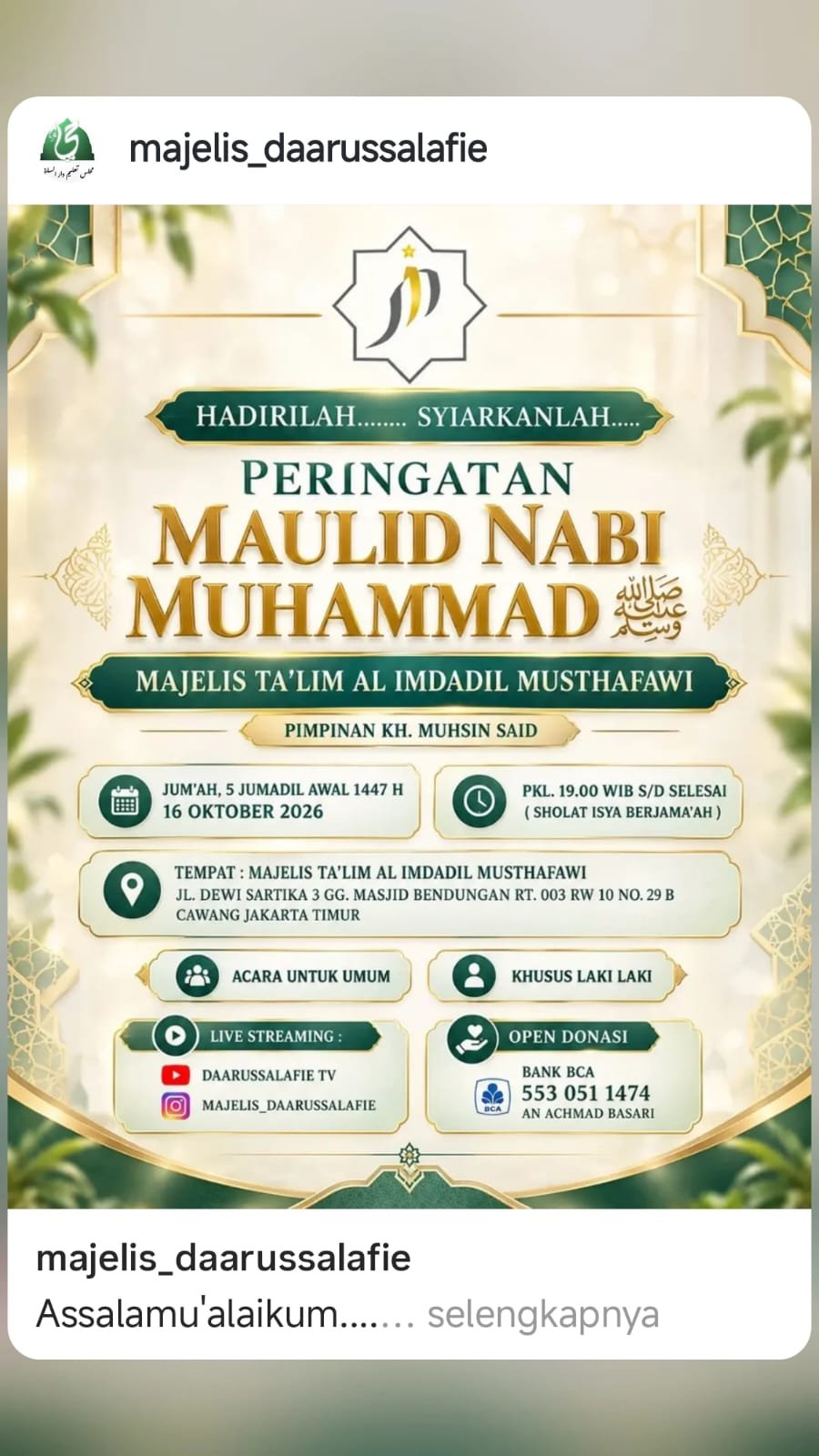 Maulid Nabi SAW, KH. Muhsin Said – Cawang, Jakarta Timur (16-10-2026)