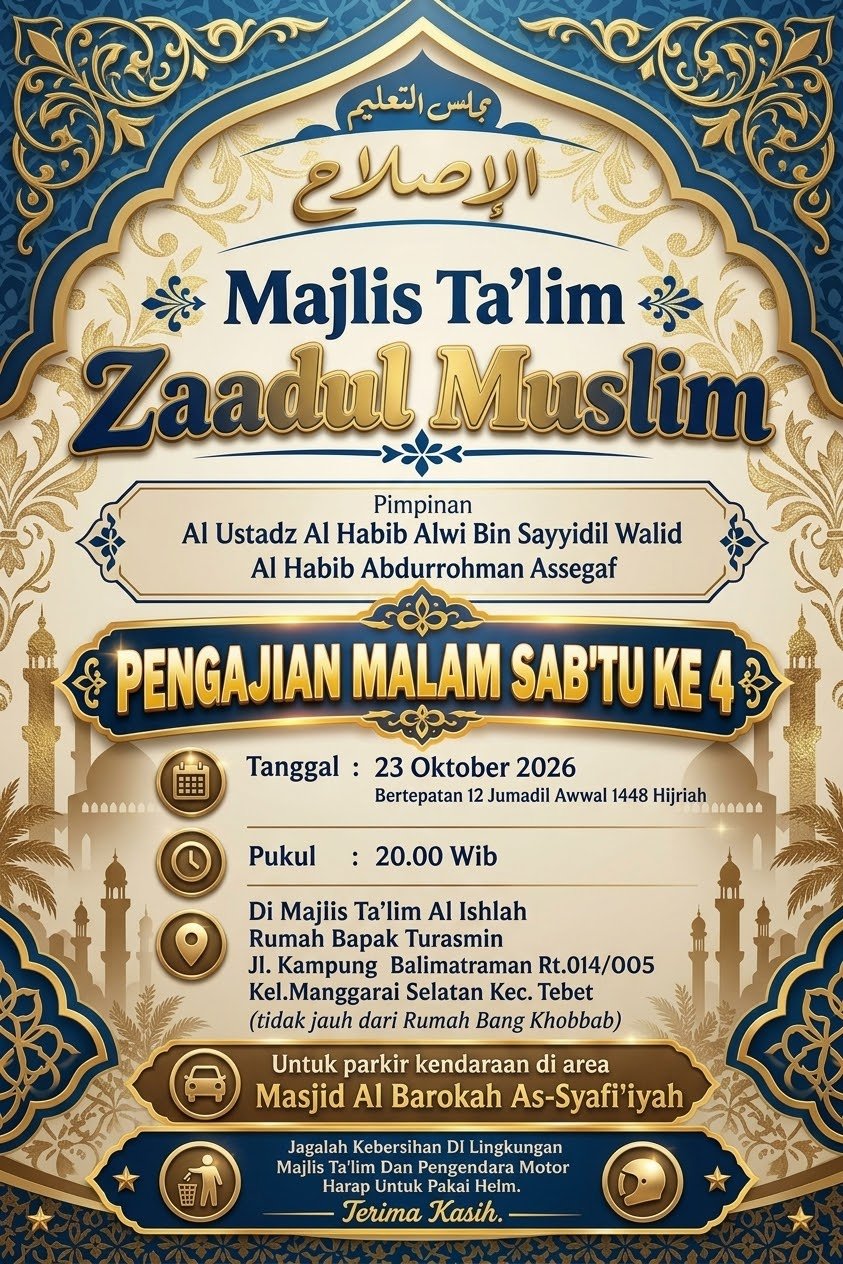 Cari Jadwal Pengajian 12 Majlis Ta’lim Zaadul Muslim, Al Ustadz Al Habib Alwi Bin Sayyidil Walid – Kec. Tebet